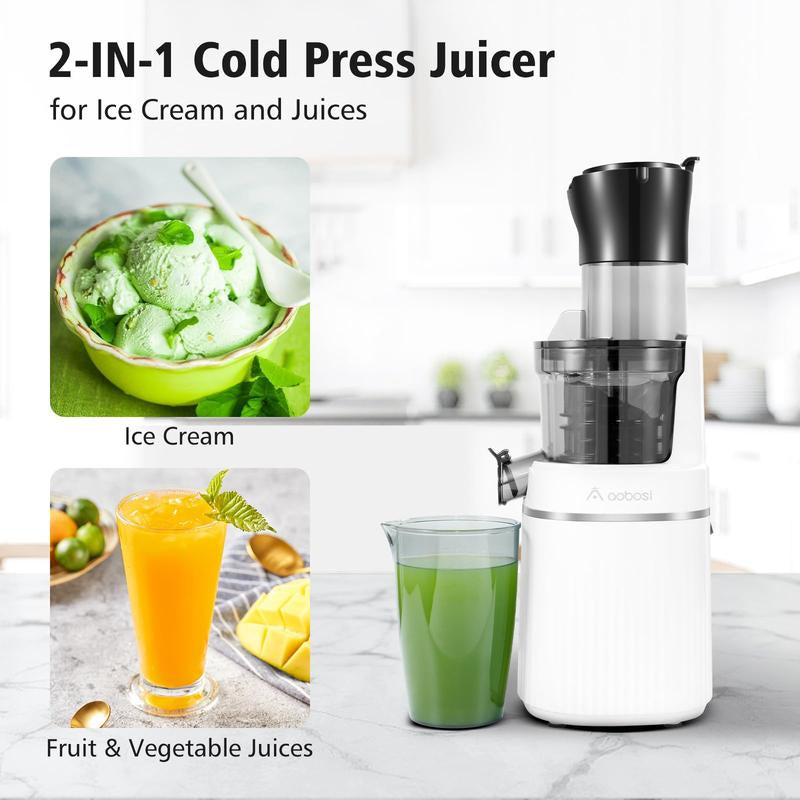 Masticating Juicer Machine with Large Feed Chute for Juice & Ice Cream, Powerful Slow Juicer for Vegetable and Fruit, Easy Clean Self Feeding (White)