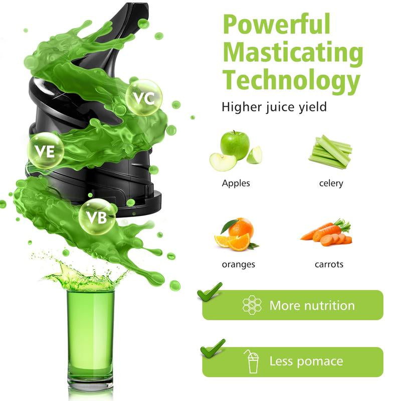 Masticating Juicer Machine with Large Feed Chute for Juice & Ice Cream, Powerful Slow Juicer for Vegetable and Fruit, Easy Clean Self Feeding (White)